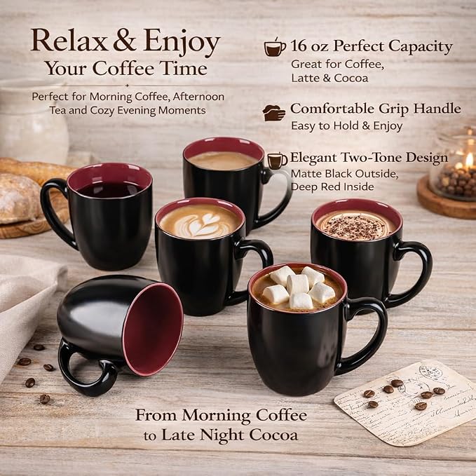 GBhome 16 oz Coffee Mugs Set of 6, Ceramic Coffee Cups- Red