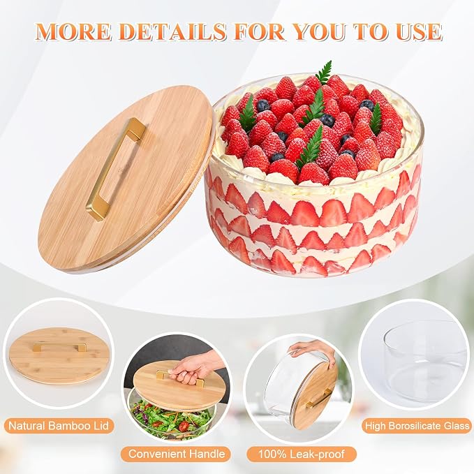LOVYANXUE 155 oz Glass Trifle Bowl with Lid, 9 inch Large Salad Bowl, Versatile Mixing and Serving Dish for Fruit, salad, Cake, Cupcake, Baking, and Dessert, Airtight & Leakproof, Oven, Microwave Safe