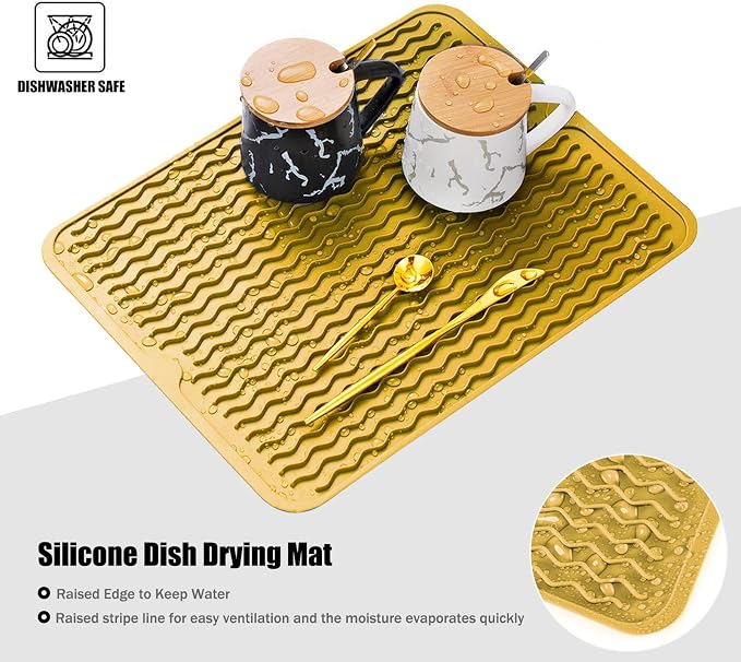 Silicone Dish Drying Mat, Non-Slip Easy Clean Sink Mat, Yellow, 18" x 16" | Quick-Dry Ridges, Large Heat-resistant Dish Drainer Mat for Kitchen Counter, Hangable & Roll-Up for Storage, Dishwasher Safe