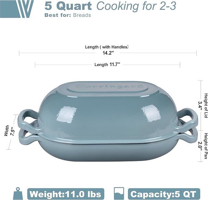 VORRINGARD Enameled Cast Iron Sourdough Bread Oven, Dutch Oven, Loaf Cast Iron Bread Pan for Homemade Bread Baking, Meatloaf Pan with Lid, 5QT, Sea Salt
