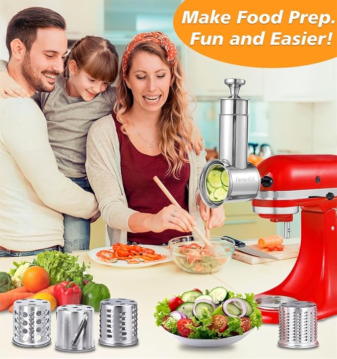 FavroKit Fresh Prep. Cheese Grater Attachment for KitchenAid Stand Mixers | Full Stainless Steel Slicer Shredder,60mm Feed Tube,Ergonomic Pusher,Dishwasher Safe Salad Maker Accessories,4 Thick Blades