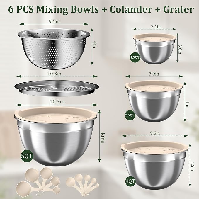 Mixing Bowls with Lids Set, 16PCS Stainless Steel Mixing Bowls,Nesting Storage Bowls for Kitchen with Mixing Bowls Set, Colander, Strainer & Grater , Metal Salad Bowl for Kitchen Gadgets , Cream