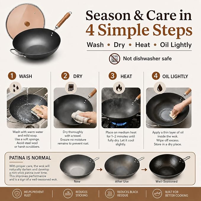 WANGYUANJI Carbon Steel Wok Pan, 13.4" Woks & Stir-Fry Pans with Glass Lid No Chemical Coated Flat Bottom Iron Wok for Induction, Electric, Gas, Halogen All Stoves | Uncoated Stir Fry Pan with Wooden Handle for Gas, Electric, Induction, Ceramic & Halog...