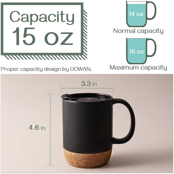 DOWAN Coffee Mugs, 15 oz Mug Set of 2, Large Ceramic Coffee Mug with Cork Bottom and Spill Proof Lid for Mom Dad, Big Mug for Latte Tea, Matte Grey
