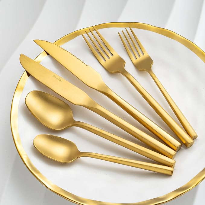 Gold Silverware Set with Steak Knives,Zerophilo Flatware Set with Hexagon Handle 24 Pieces 18/0 Stainless Steel Cutlery Set for 4,Dishwasher Safe