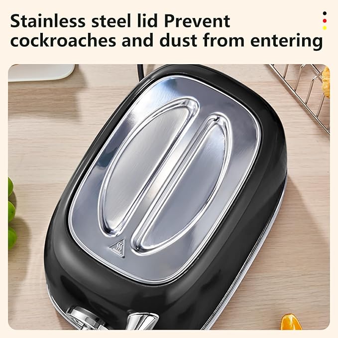 Wiltal Retro Toaster 2 Slice, 1.58" Extra Wide Slot Stainless Steel with Dust Cover and Warming Rack, Glossy Black Finish with Defrost/Reheat/Cancel Functions, Removable Crumb Tray