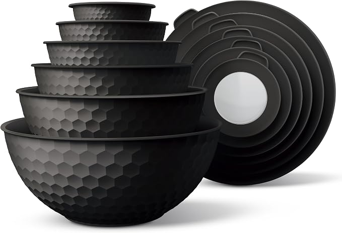 COOK WITH COLOR Mixing Bowls with Lids - 12 Piece Plastic Nesting Bowls Set includes 6 Prep Bowls and 6 Lids, Microwave Safe Mixing Bowl Set, Black Embossed