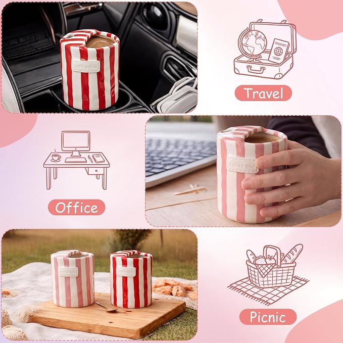 2 Pack Ceramic Mug with Sip Hole, Simple, Red, Pink | 10oz Ceramic Coffee Cup with Straws, Retro Hand Painted Striped, for Iced Coffee Tea Latte Espresso, Kitchen Dining Travel