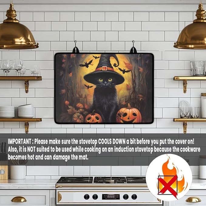 Black Cat Pumpkin Print Top Cover for Electric Stove, 30 x 21 Inch Stove Top Protector, Ceramic Glass Electric Stove Top Cover, Glass Stove Top Protector Halloween Kitchen Decor