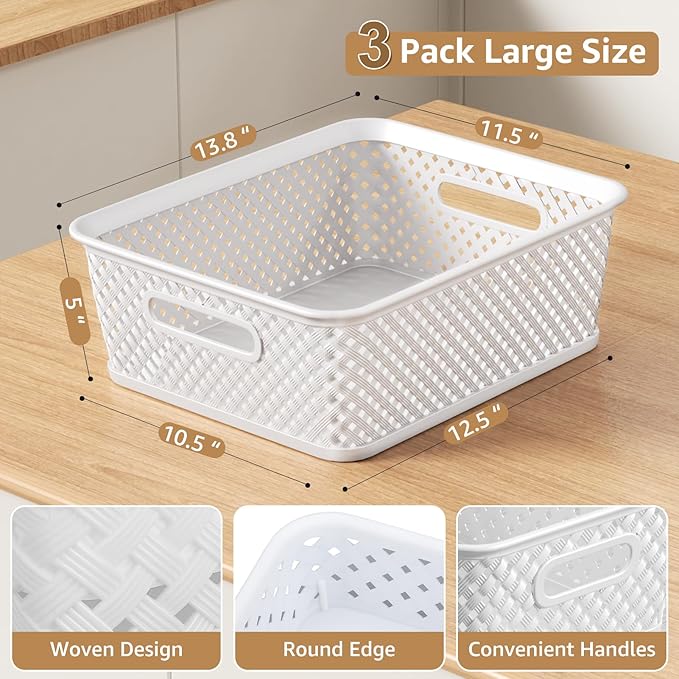 MaxGear 3 Pack Plastic Storage Baskets, Large, White | Durable Woven Plastic with Built-In Handles, Suitable for Shelves, Closets, Cabinets, Bathrooms and Offices