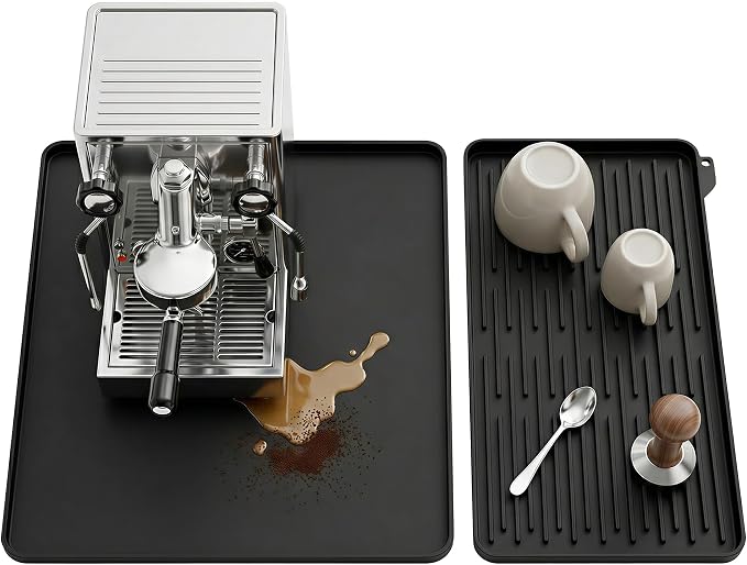 Silicone Coffee Mat for Countertop, 16x16 inch Heat Resistant Espresso Machine Mat, Non-Slip Coffee Bar Mat with Detachable Drying Area and Raised Edge, Waterproof Station Pad - Black