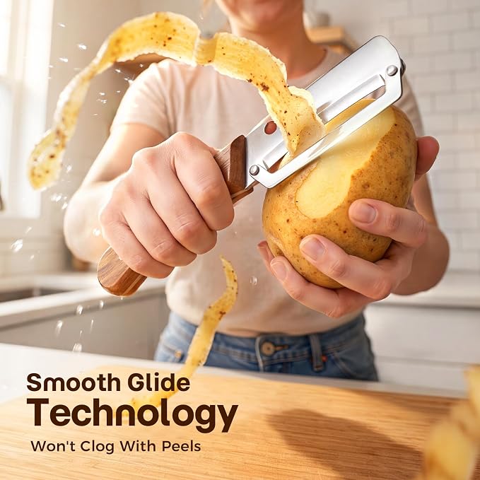 3-Pack Multi-Functional Vegetable Peeler for Kitchen Fruit Potato | 2026 Upgraded Ultra Sharp Stainless Steel Peelers with Ergonomic Wood Handle for Apple, Carrot, Pumpkin & kitchen Cooking