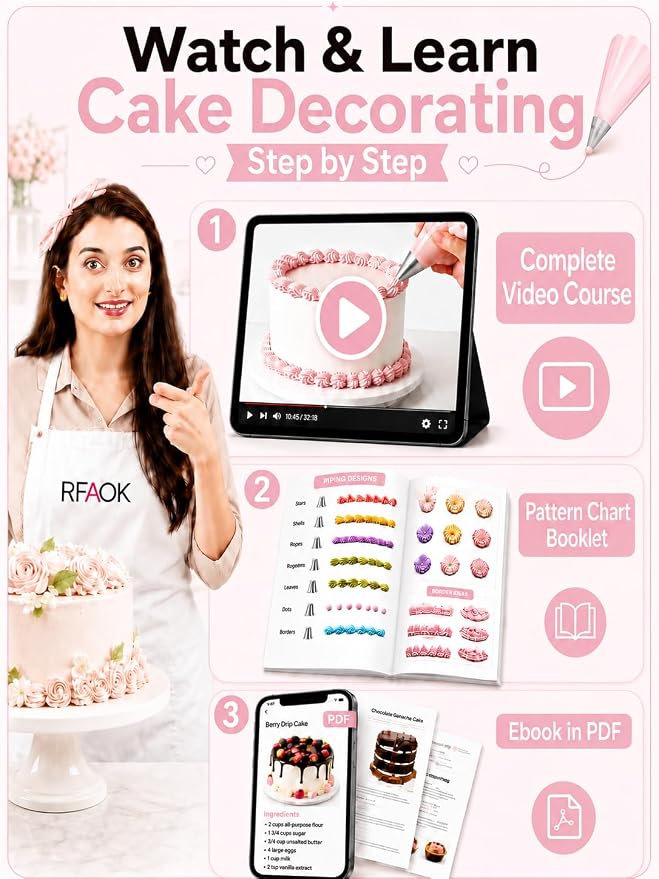 RFAQK 90PCs Cake Decorating Kit with Leveler, Baking Supplies Gift Includes Cake Stand Turntable, 24 Numbered Icing Tips, 55+1 Piping Bags, 2 Frosting Spatulas, 6 Scrappers, Video Course & Booklet