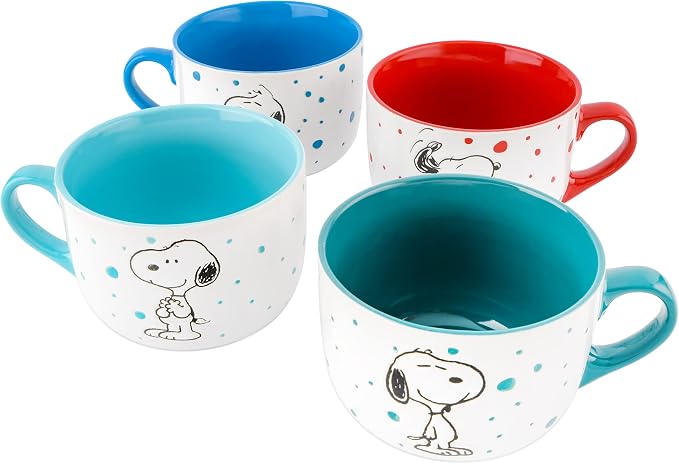 Peanuts Freckled Joy Soup Bowls 23 oz Stoneware with Clear Lids 4 Pack Assorted Colors Kitchen Food Storage