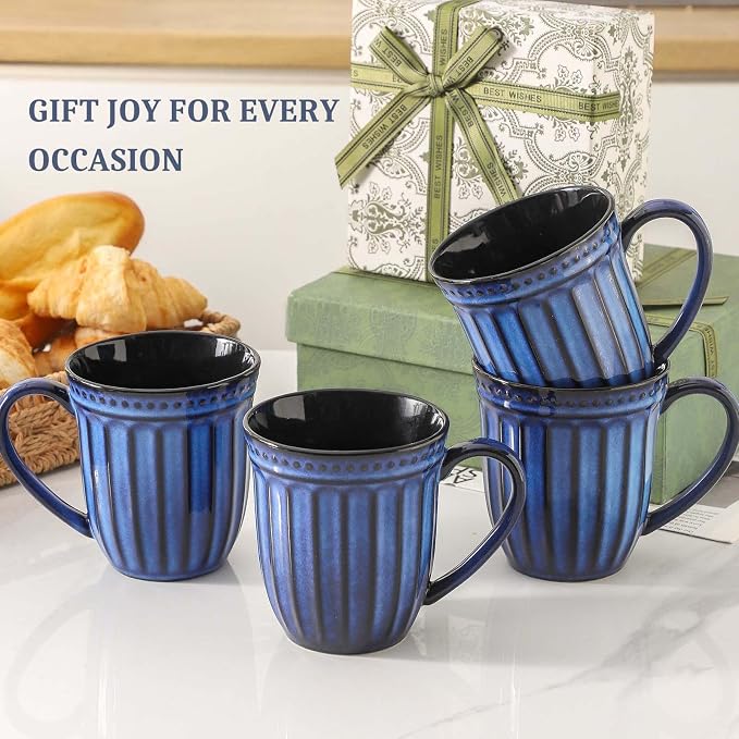 Coffee Mugs Set of 4, 16oz Navy Blue Ceramic Coffee Mug with Embossed Ribbed, Farmhouse Tea Cup Set for Latte, Cappuccino, Milk, Large Handle, Suitable for Office Home Restaurant Housewarming Gift