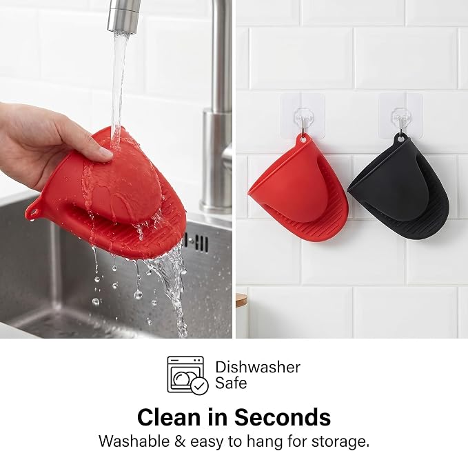 Silicone Cooking Pinch Grips Oven Mitts - Mini Finger Protector Pot Holder for Kitchen,Cooking,Baking,BBQ - Heat Resistant Gloves, 2 Pairs (Black and Red)