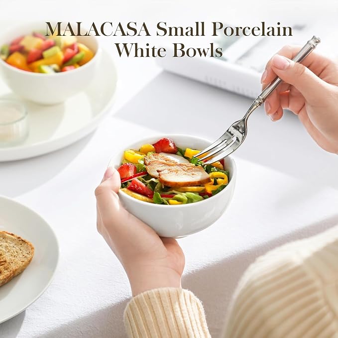 MALACASA 10 Oz Small Ceramic Bowls Set of 8, White Bowls for Ice Cream | Perfect for children, dessrt, Side dishes, rice, & ice cream; scratch-resistant, stackable, microwave, oven & dishwasher safe