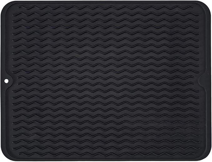 Silicone Dish Drying Mat, Non-Slip Easy Clean Sink Mat Large Heat-resistant Dish Drainer Mat for Kitchen Counter, Sink, Refrigerator or Drawer liner (18" x 16", BLACK) | Quick-Dry Ridges, Hangable & Roll-Up for Storage, Dishwasher Safe