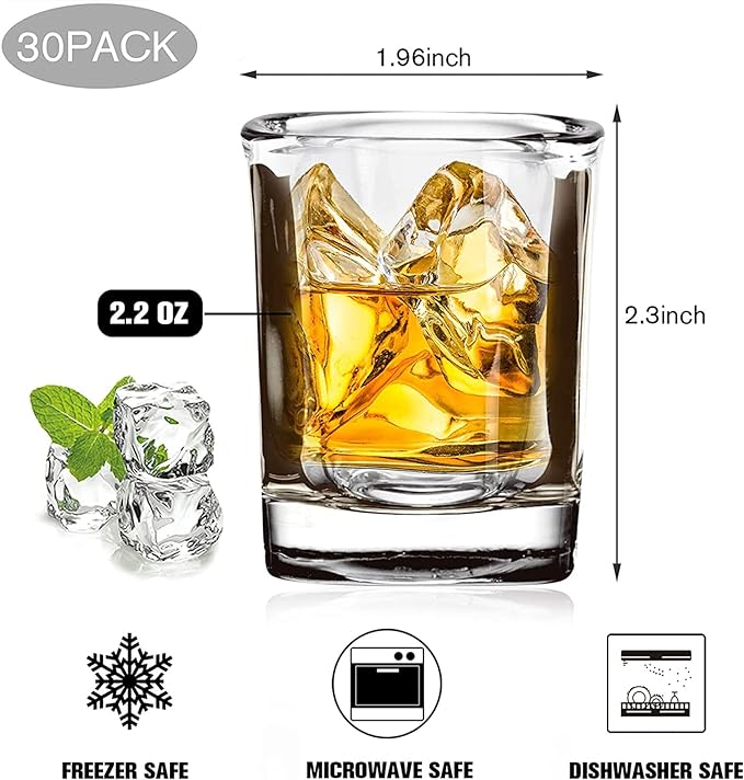 30 Pack Heavy Base Shot Glasses Bulk, 2.2 oz Square Shot Glass Set, Clear Espresso Shot Glass, Small Whiskey Shot Glasses for Vodka, Whiskey, Tequila, Espressos, Spirits & Liquors