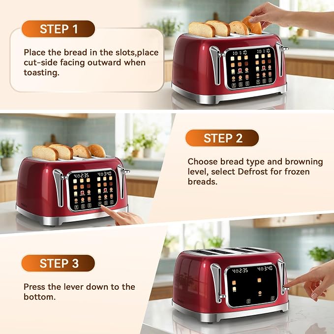 RONGBEST Retro 4 Slice Stainless Steel Toaster with Wide Slot Touch Screen for Family Breakfast, Reheat & Defrost, 6 Browning Levels for Bagel & Bread, Easy Removable Crumb Tray, Red Pearl
