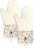 Slohif Long Silicone Oven Mitts Heat Resistant for Women - 2 Pcs Red Flower 100% Cotton Oven Gloves, Non-Slip and Waterproof Silicone Oven Mitts with Hanger for Baking and Cooking