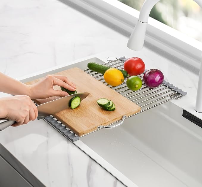 Tomorotec Roll Up Dish Drying Rack Over Sink, 304 Steel, 17.7x12.5, Grey | Anti-Slip Silicone Rims For Grip, Heat-Resistant Trivet Mat Holding Heavy Cookware, Rustproof Kitchen Counter Space Saver