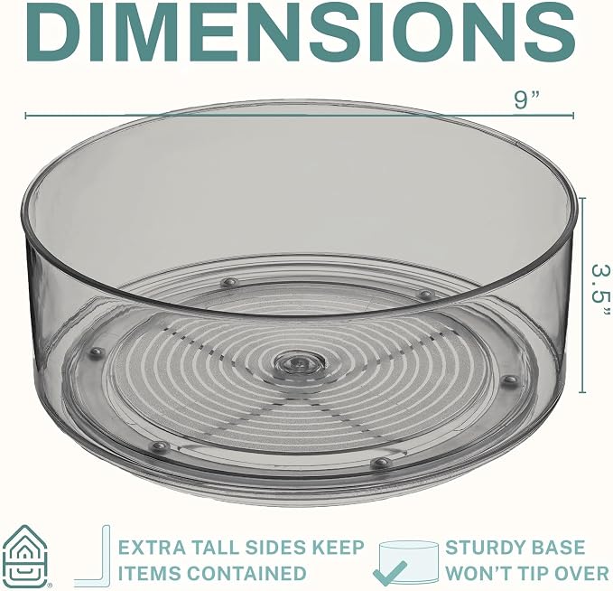 Home Intuition Round Plastic Grey Lazy Susan Turntable Food Storage Container for Kitchen (9" Round, 1 Pack)