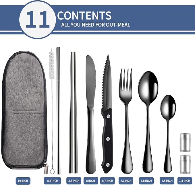 Logcow Travel Utensils with Case,Reusable Utensils,Portable Travel Camping Cutlery Set,Stainless Steel Flatware Set,Lunch Boxes Workplace Camping School Picnic (Black) | Portable Travel Camping Cutlery Set,Stainless Steel Flatware Set,Lunch Boxes Workp...