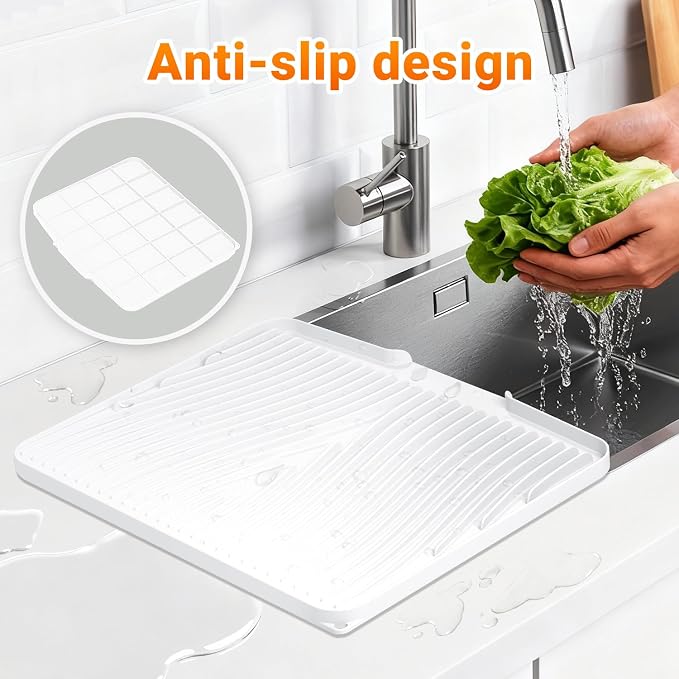 Silicone Dish Drying Mat for Kitchen counter | 15.8"x13" Dish Drainer Mat,Heat-Resistant Kitchen Counter Mat & Over-Sink Drying Tray,Can Be Hung, Ivory