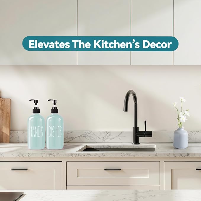 COHOSEGE Glass Soap Dispenser Set 2 Pack,16 Oz Dish Soap Dispenser for Kitchen Sink,Green Kitchen Accessories and Kitchen Decor,Green Decorations and Kitchen Utensils for Kitchen