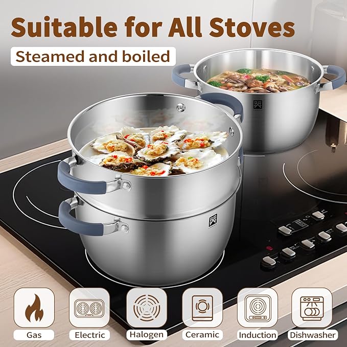GOLDEN KEY 5.6 QT Steamer Pot with Lid,2-Tier Multipurpose 18/8 Steamer for Cooking with Vegetable Steam Basket for Vegetable,Soup, Seafood,Dumplings,Oven & Dishwasher Safe