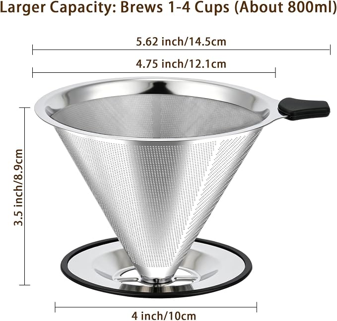 Large Size Pour Over Coffee Dripper, Stainless Steel Coffee Filter, Paperless Reusable Coffee Filter, Double Micromesh 600 Mesh Strainer Coffee Maker with Heat-Resistant Silicone Handle & Base
