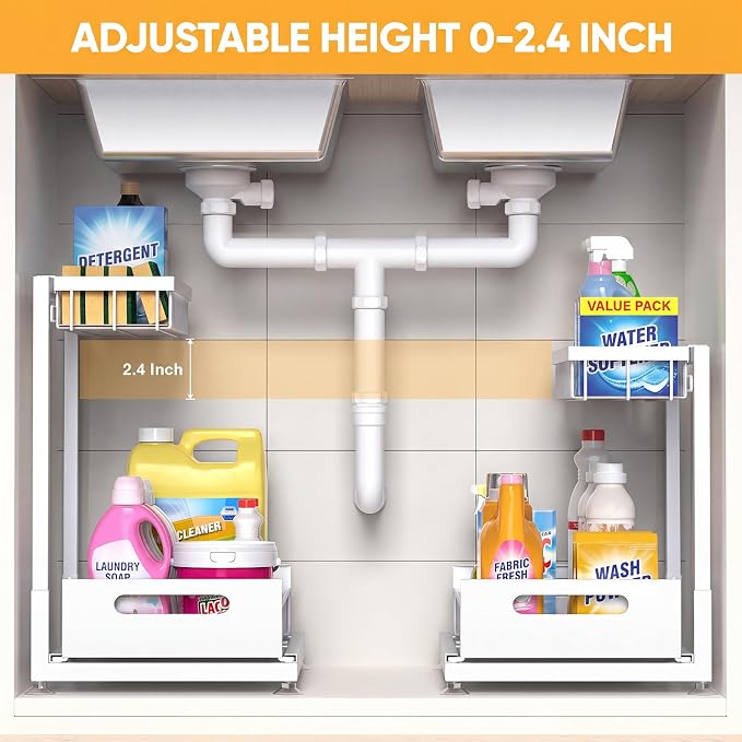 2-Pack L-Shaped Under Sink Organizer, 2-Tier Pull-out Cabinet Rack | White Height-Adjustable Steel Rack, Sliding Grid Drawers with PP Liners, Holds 100 Lbs, Suction Base, Ideal Kitchen Storage