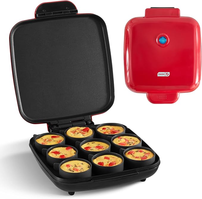 Dash Family Size Egg Bite Maker - Electric Egg Bite Maker with Non-Stick Silicone Cups - Space-Saving Design & Quick Cleanup - Make Sandwiches, Healthy Snacks & Desserts - 9 Servings, Red