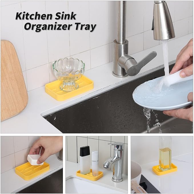MicoYang Silicone Kitchen Sink Organizer Tray for Multiple Usage,Easy Clean Sponges Holder for Kitchen Bathroom Counter or Sink,Dish Soap Dispenser,Scrubber,Bottle,Cup Yellow 4.9”x 3.2”