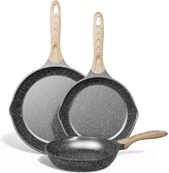 JEETEE 8 & 9.5 & 10 Inch Nonstick Frying Pan Sets for Cooking - Dual Spouts | All Stove Compatible, Easy-Clean, Even Heating, PFOA Free, Cool Ergonomic Handle, Non Stick Fry Pans for Egg Steak Fish,Grey