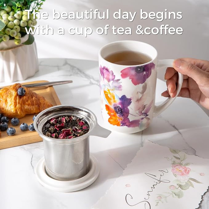 AmorArc Tea Cup With Infuser and Lid, 18oz Loose Leaf Tea Mug With Steeper | Porcelain Tea Mug With Infuser and Lid, Large Strainer Tea Cup with Lid for Tea, Coffee Mug for House-warming Birthday Gift
