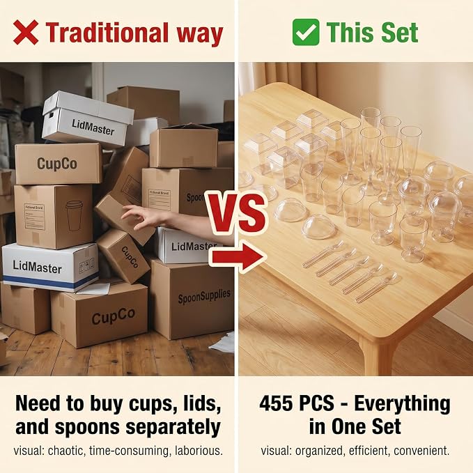 455 Pcs Clear Mini Dessert Cups Set for Party | With Spoons and Lids , Slanted Cups, Champagne Glass , Trapezoid Mini , and Parfait Cups, For Pudding Mousse Fruit Appetizers