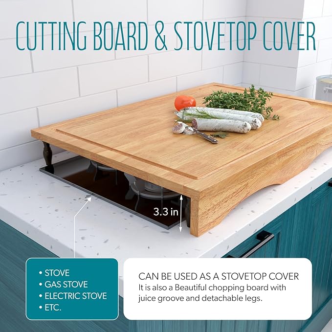 Extra Large Solid Wooden Cutting Board and Stovetop Cover, 3 in 1 Stove Top Cover Chopping Board with Detachable Legs and Juice Groove, Sink Cover Board