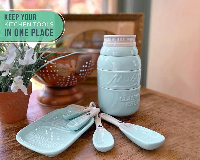 Comfify Aqua Blue Mason Jar Measuring Set – 4 Cups, 4 Spoons, Spoon Rest | Aqua Blue; ceramic; 9-piece set; 4 measuring cups + 4 measuring spoons + spoon rest; mason jar design; hand wash only