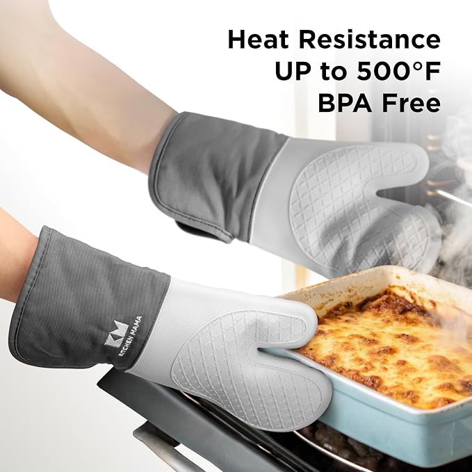 Kitchen Mama UltraShield Silicone Oven Mitts, Metal Gray | Heat Resistant, Non-Slip Surface, Waterproof, Flexible, Durable