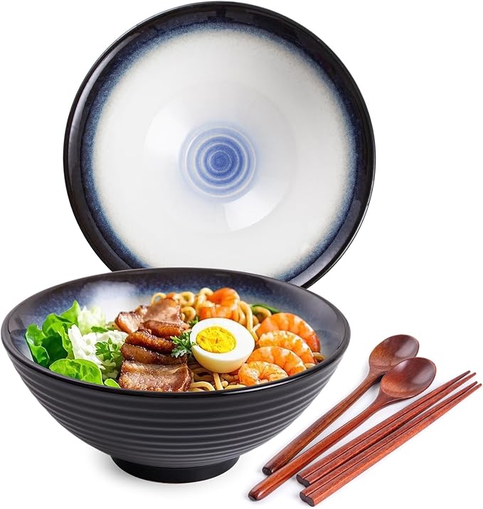 Ceramic Japanese Ramen Bowl Set, 2 Sets Asian Pho Udon Soup Noodle Bowls with Spoons and Chopsticks (Black/Blue, 8 inches)