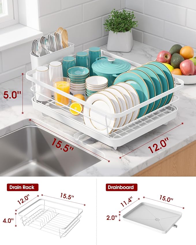 Sakugi Dish Drying Rack - Stainless Steel Dish Rack with Drainboard for Kitchen Counter and Sink, 15.6" D x 12" W x 5" H, White