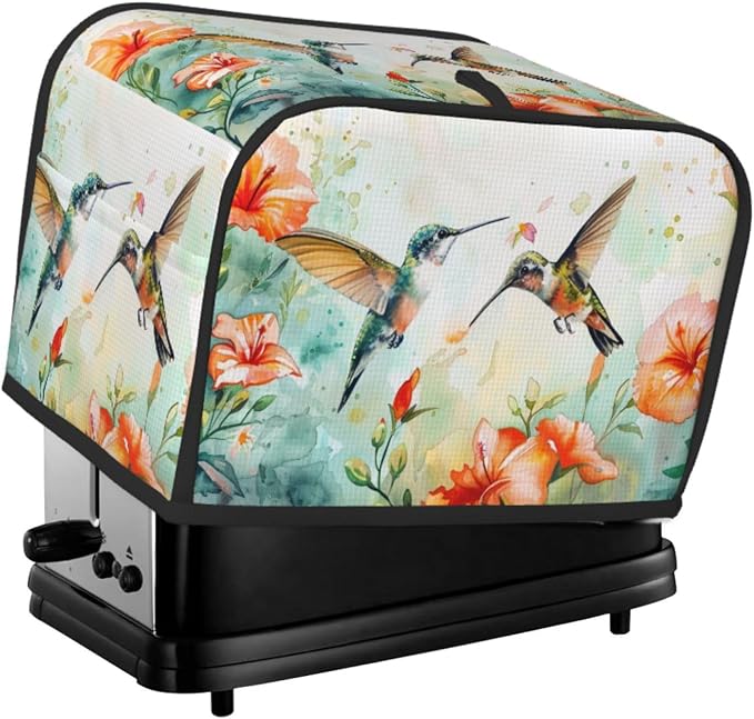 2 Slice Toaster Cover Hummingbird Flower Watercolor Dust Proof Washable Kitchen Appliance Cover with Pocket, Oxford Fabric Countertop Toaster Protector for Standard Toasters Small Appliances