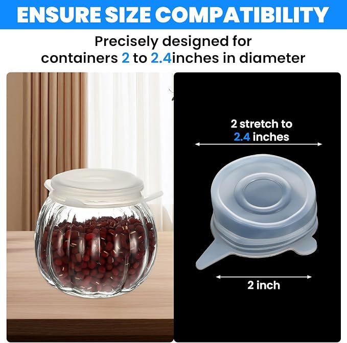 Extra Small Silicone Stretch Lids 2 Inch, 8 Pack Cruet Lid Reusable, Food Grade Elastic Bottle Caps for Yogurt Jars, Milk Bottles, Cans Lids Small, Dishwasher and Freezer Safe, Clear