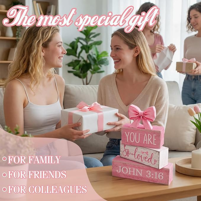 Lineshading 4 Pcs Pink Bow Decor Christian Table Decor Wooden Block Signs | Tiered Tray Filler, You Are So Loved John 3:16 Signs, Rustic Shelf Accent, Faith Gift for Girls, Tabletop Home Decorations