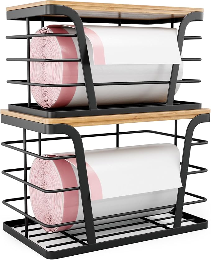 TIDIIABODE 2 Pack Stackable Storage Laundry Kitchen Organizers, Wall Mount Trash Bag Holder with Bamboo Top and Garbage Bag Dispenser No Drill