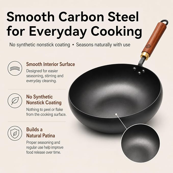 WANGYUANJI 9.5-Inch Carbon Steel Wok with Lid, Flat Bottom Stir Fry Pan | Deep 3.5 QT bowl for 1–2 servings; smooth carbon steel surface; flat base for induction, gas, electric and ceramic cooktops