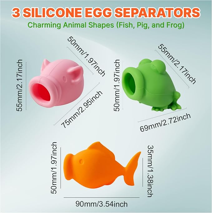 Egg Yolk Separator, Food Grade Silicone, Dishwasher Safe Kitchen Gadget for Cooking/Baking. Swallow and Release Raw Egg Yolk from White, Quick & Mess-free, Pack of 3 (Pig, Fish & Frog Design)