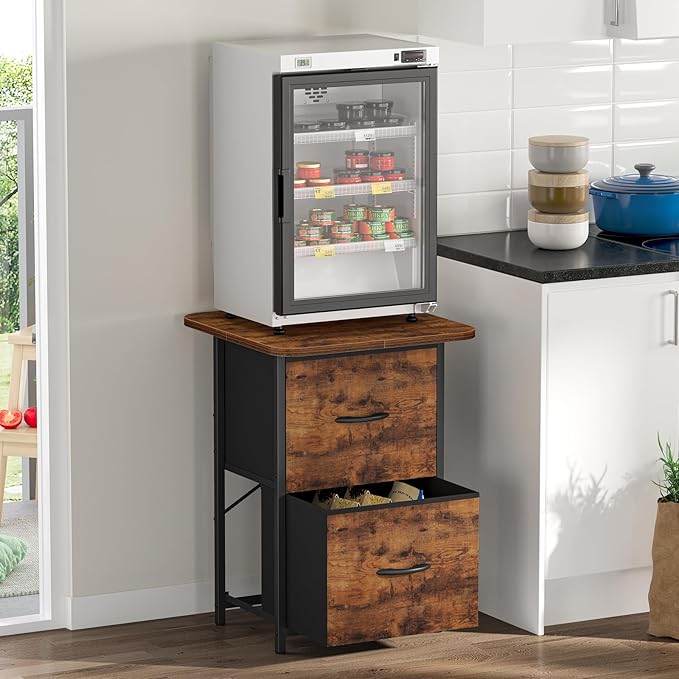 Snughome Mini Fridge Stand with Storage, Mini Fridge Cabinet Small Refrigerator Table Stand with Drawers, Heavy Duty 220 LBS, Compact Beverage Cooler Rack Shelf for Dorm, Apartment, Office Coffee Bar